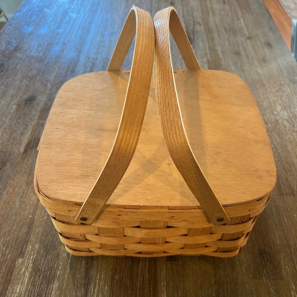 Vintage Woven Wood Picnic Basket with Hinged Lid Dual Handles and Interior Riser